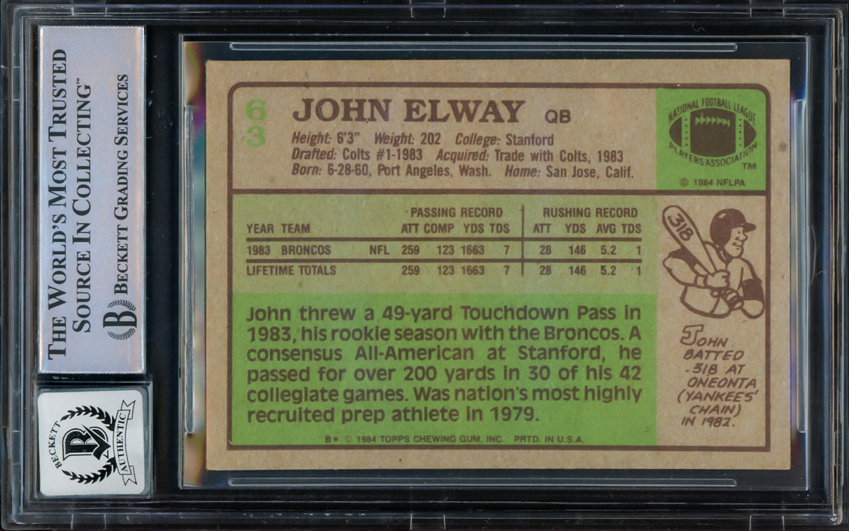 John Elway Autographed 1984 Topps Rookie Card #63 Denver Broncos Auto Grade Gem Mint 10 Beckett BAS #16167943