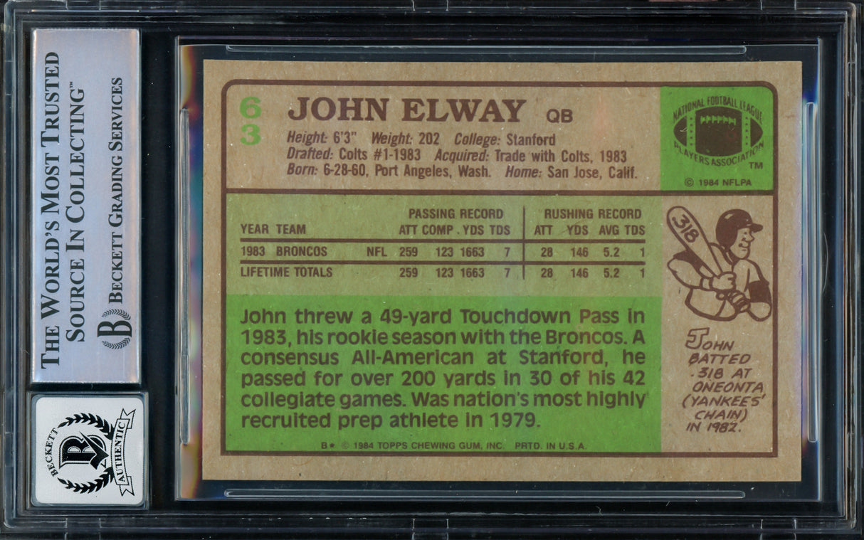 John Elway Autographed 1984 Topps Rookie Card #63 Denver Broncos Auto Grade Gem Mint 10 Beckett BAS #16167953