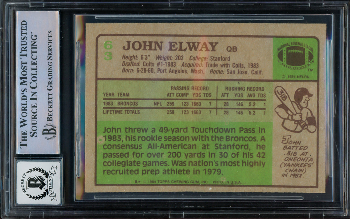 John Elway Autographed 1984 Topps Rookie Card #63 Denver Broncos Auto Grade Gem Mint 10 Beckett BAS #16167949