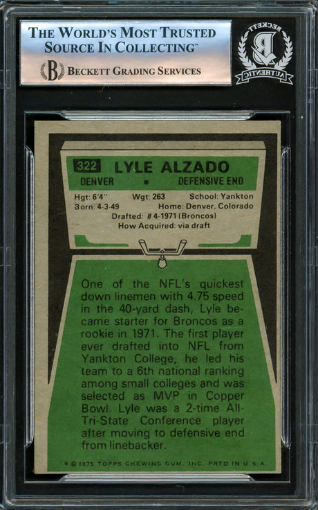 Lyle Alzado Autographed 1975 Topps Card #322 Denver Broncos Beckett BAS #16175401
