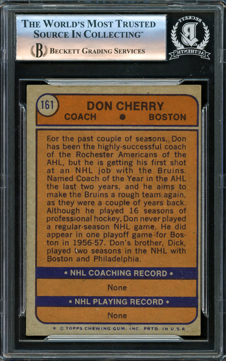 Don Cherry Autographed 1974-75 Topps Rookie Card #161 Boston Bruins Beckett BAS #16175528