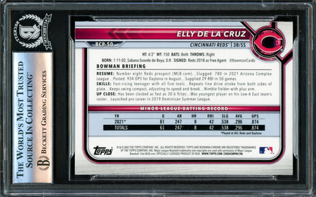 Elly De La Cruz Autographed 2022 Bowman Chrome Rookie Card #BCP50 Cincinnati Reds "1st HR 6/7/23" Beckett BAS #16175548