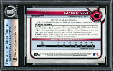 Elly De La Cruz Autographed 2022 Bowman Chrome Rookie Card #BCP50 Cincinnati Reds "MLB Debut 6/6/23" Beckett BAS #16175552