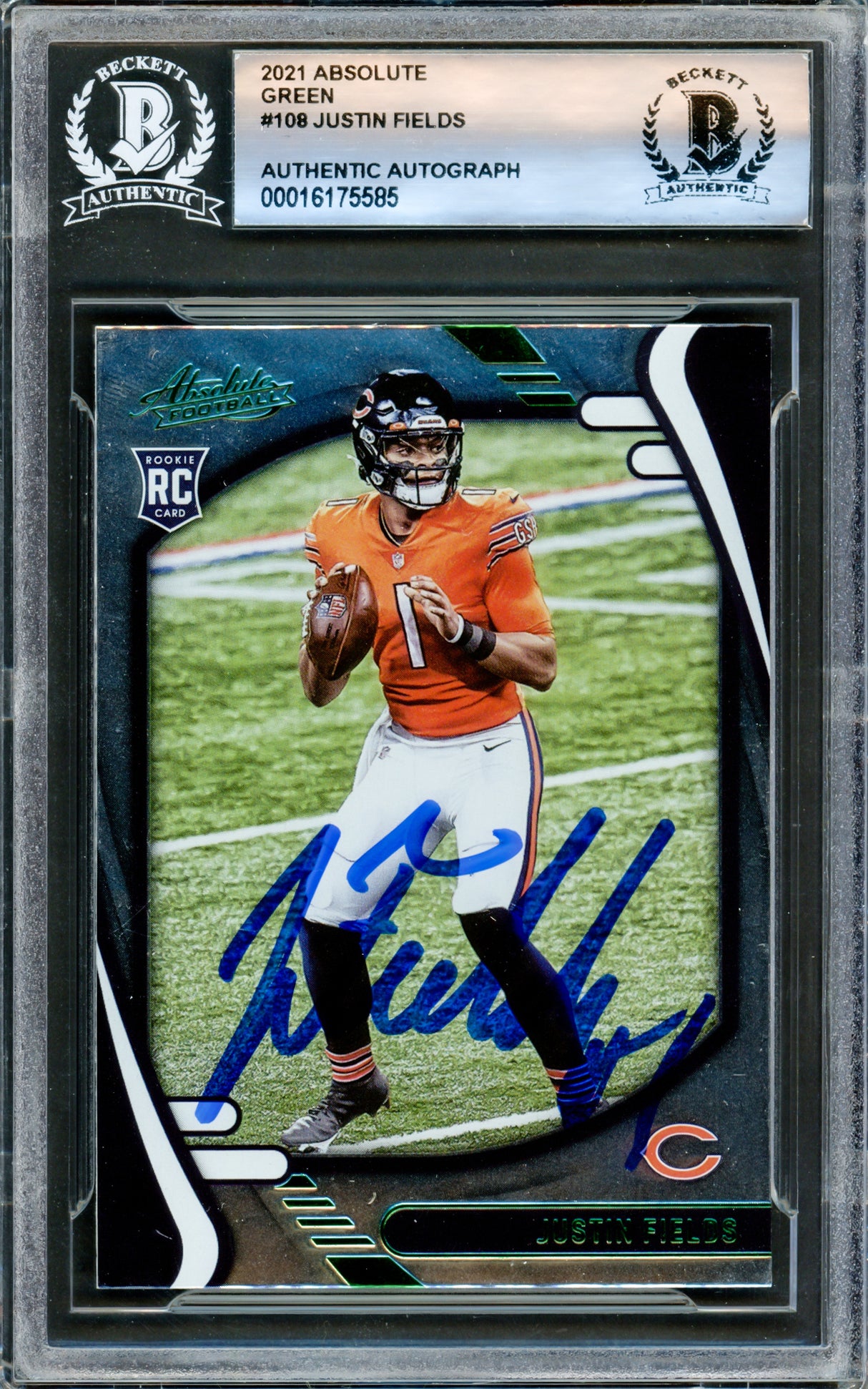 Justin Fields Autographed 2021 Absolute Green Rookie Card #108 Chicago Bears Beckett BAS #16175585