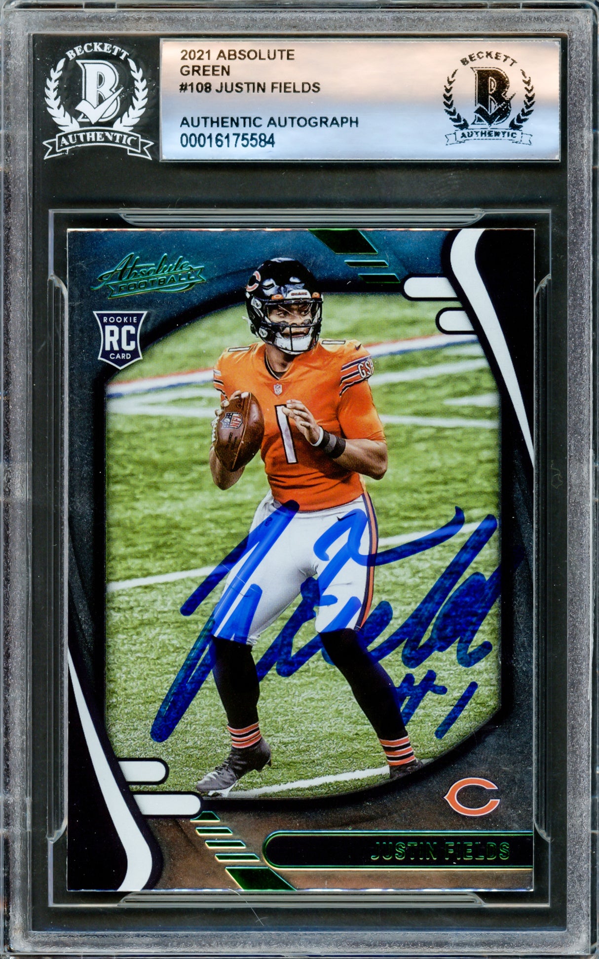 Justin Fields Autographed 2021 Absolute Green Rookie Card #108 Chicago Bears Beckett BAS #16175584