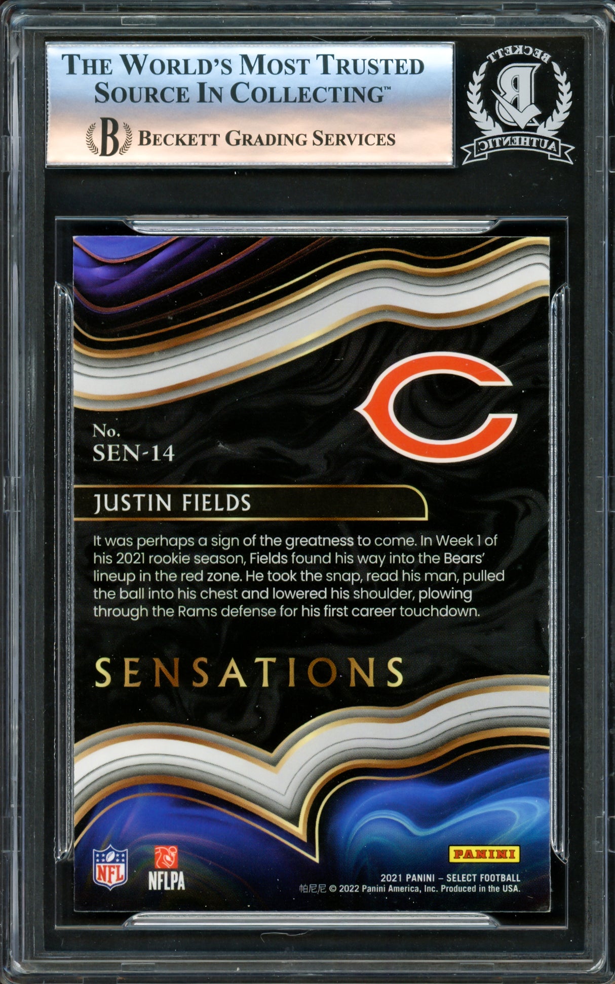 Justin Fields Autographed 2021 Select Sensations Rookie Card #SEN-14 Chicago Bears Beckett BAS #16175661
