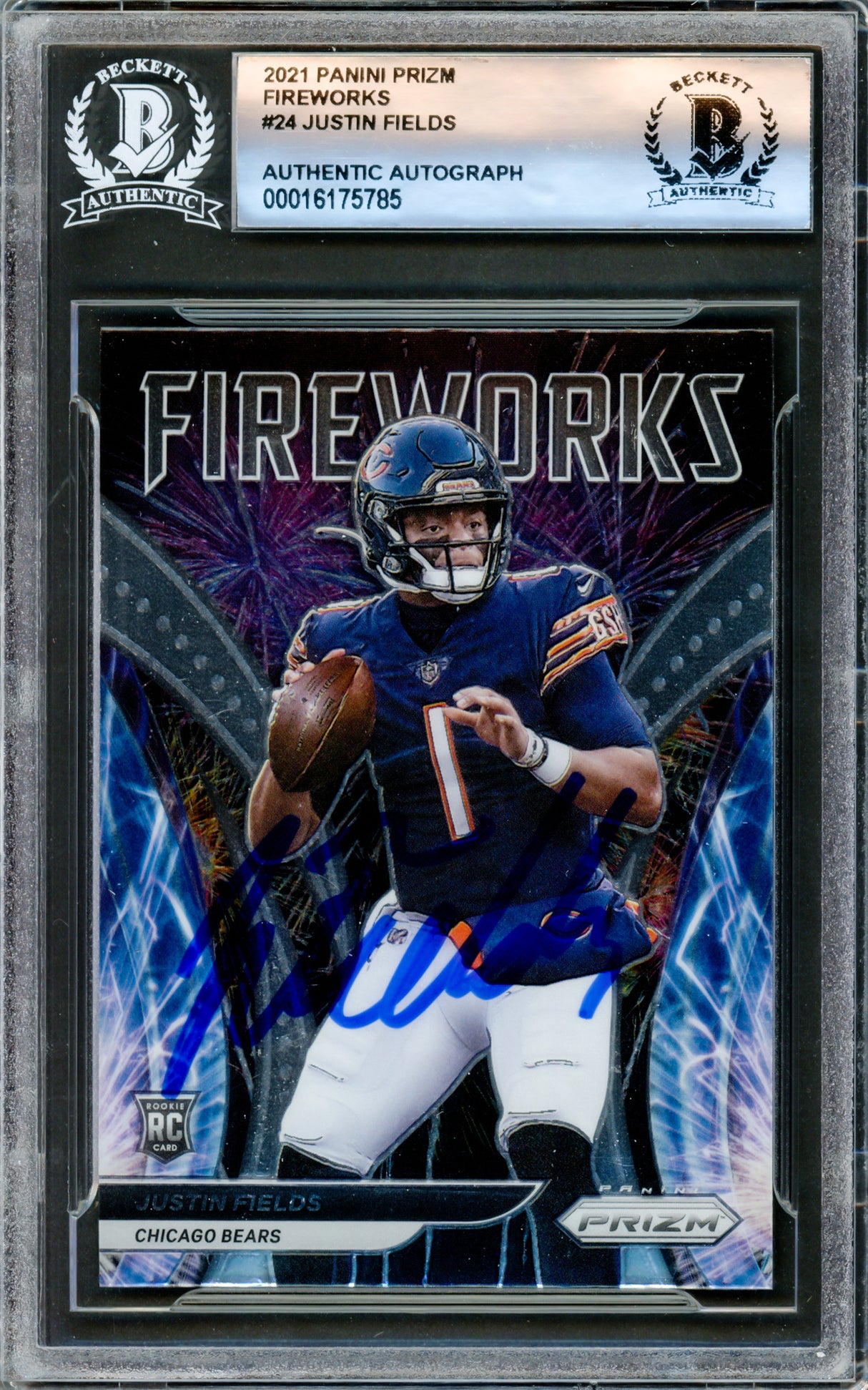 Justin Fields Autographed 2021 Prizm Fireworks Rookie Card #F-24 Chicago Bears Beckett BAS #16175785