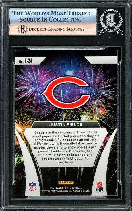 Justin Fields Autographed 2021 Prizm Fireworks Rookie Card #F-24 Chicago Bears Beckett BAS #16175785