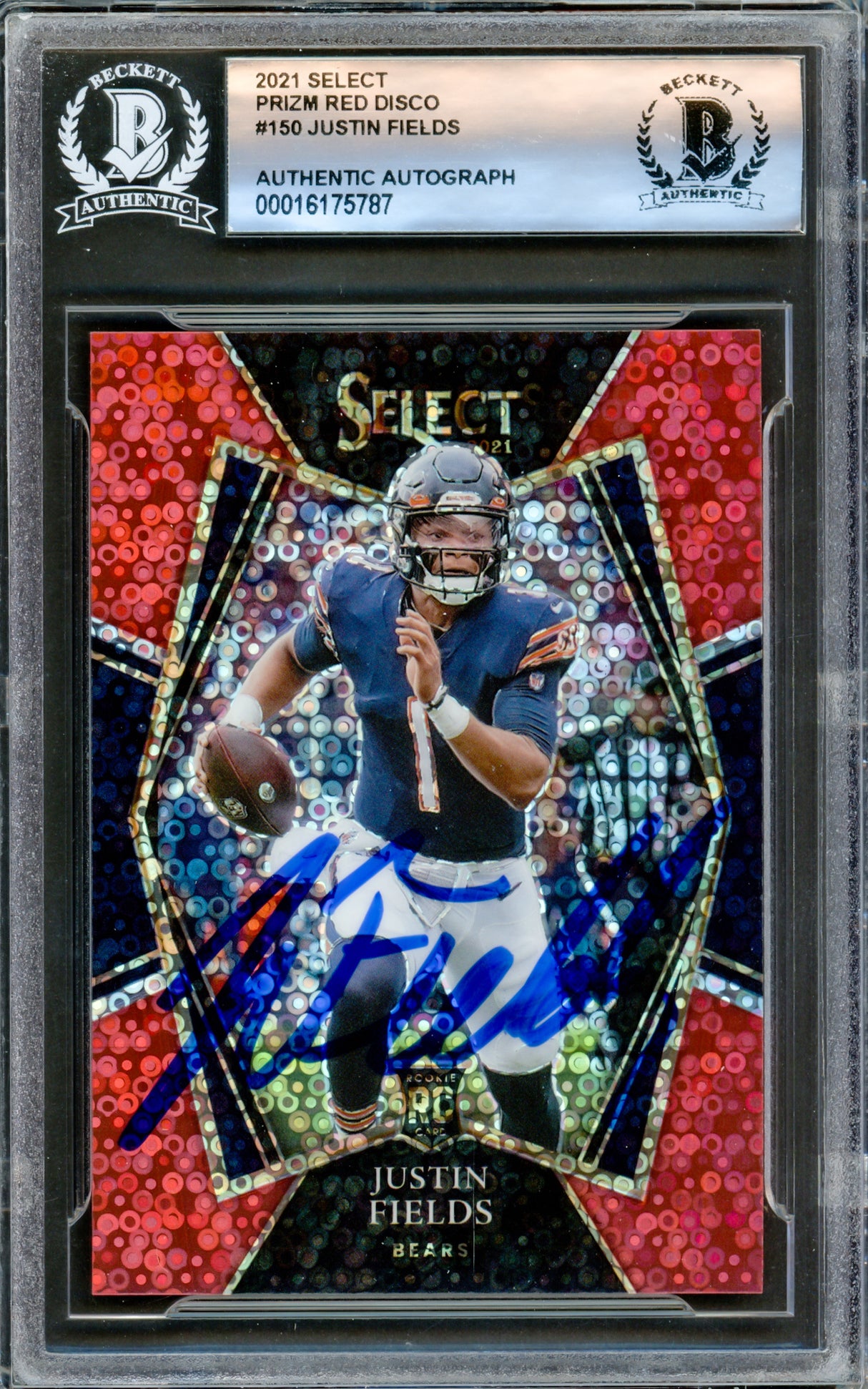 Justin Fields Autographed 2021 Select Red Disco Prizm Rookie Card #150 Chicago Bears #/49 Beckett BAS #16175787