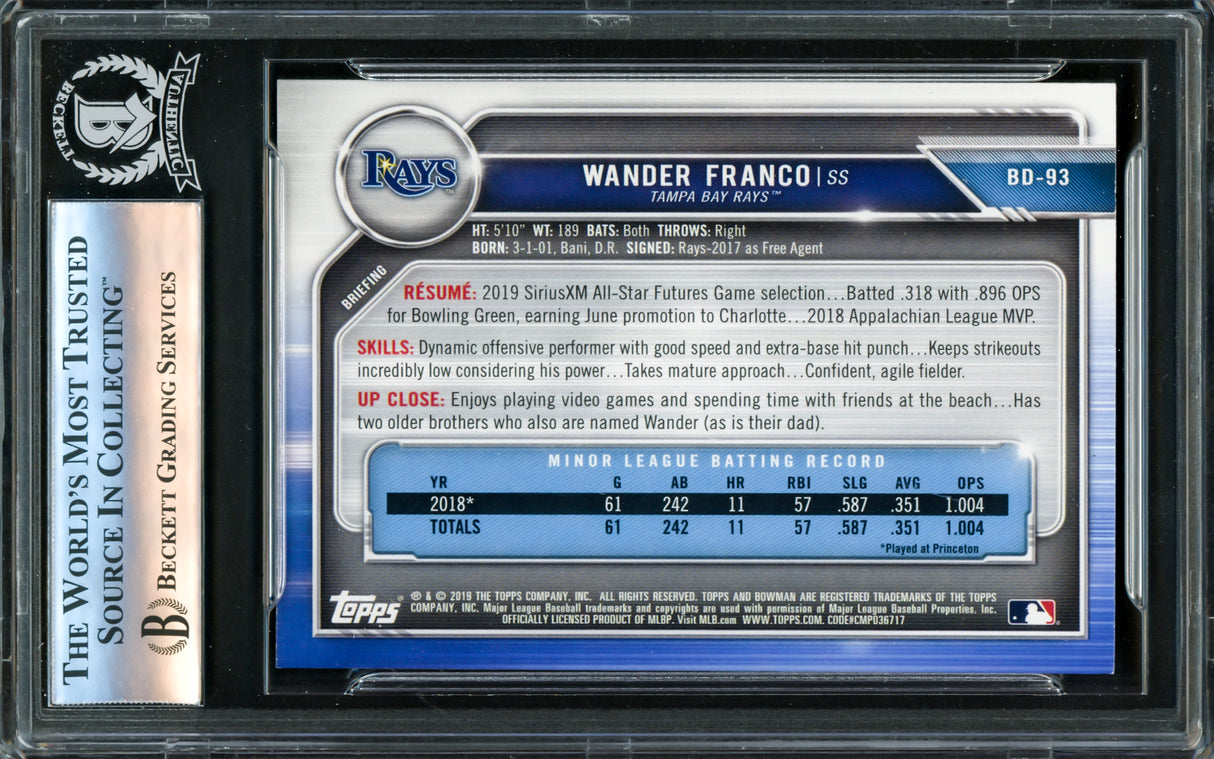 Wander Franco Autographed 2019 Bowman Draft Rookie Card #BD93 Tampa Bay Rays Beckett BAS #16175845