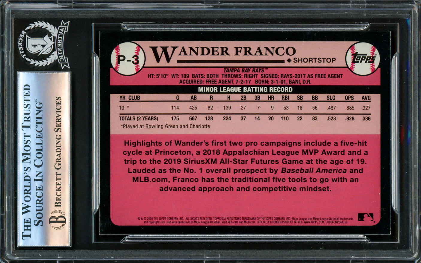Wander Franco Autographed 2020 Topps Update Prospects Rookie Card #P3 Tampa Bay Rays Beckett BAS #16175847