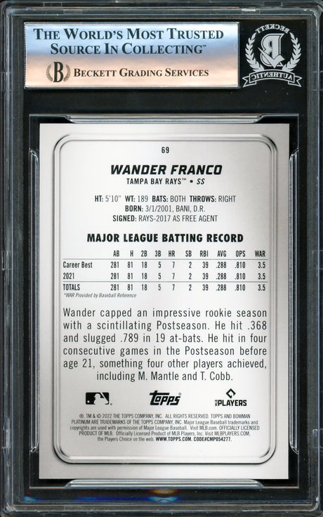 Wander Franco Autographed 2022 Bowman Platinum Rookie Card #69 Tampa Bay Rays Beckett BAS #16175868