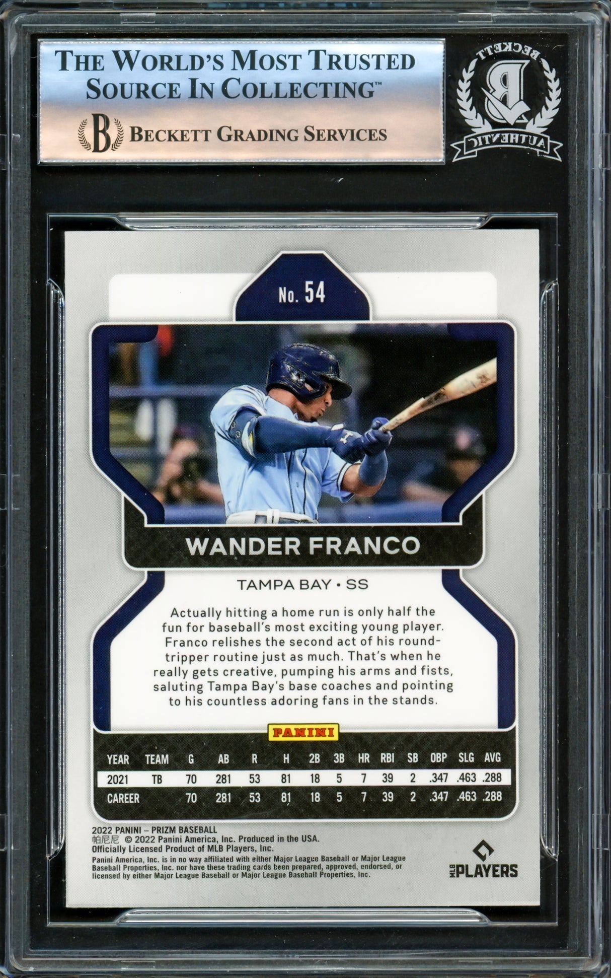 Wander Franco Autographed 2022 Panini Prizm Rookie Card #54 Tampa Bay Rays Beckett BAS #16175886