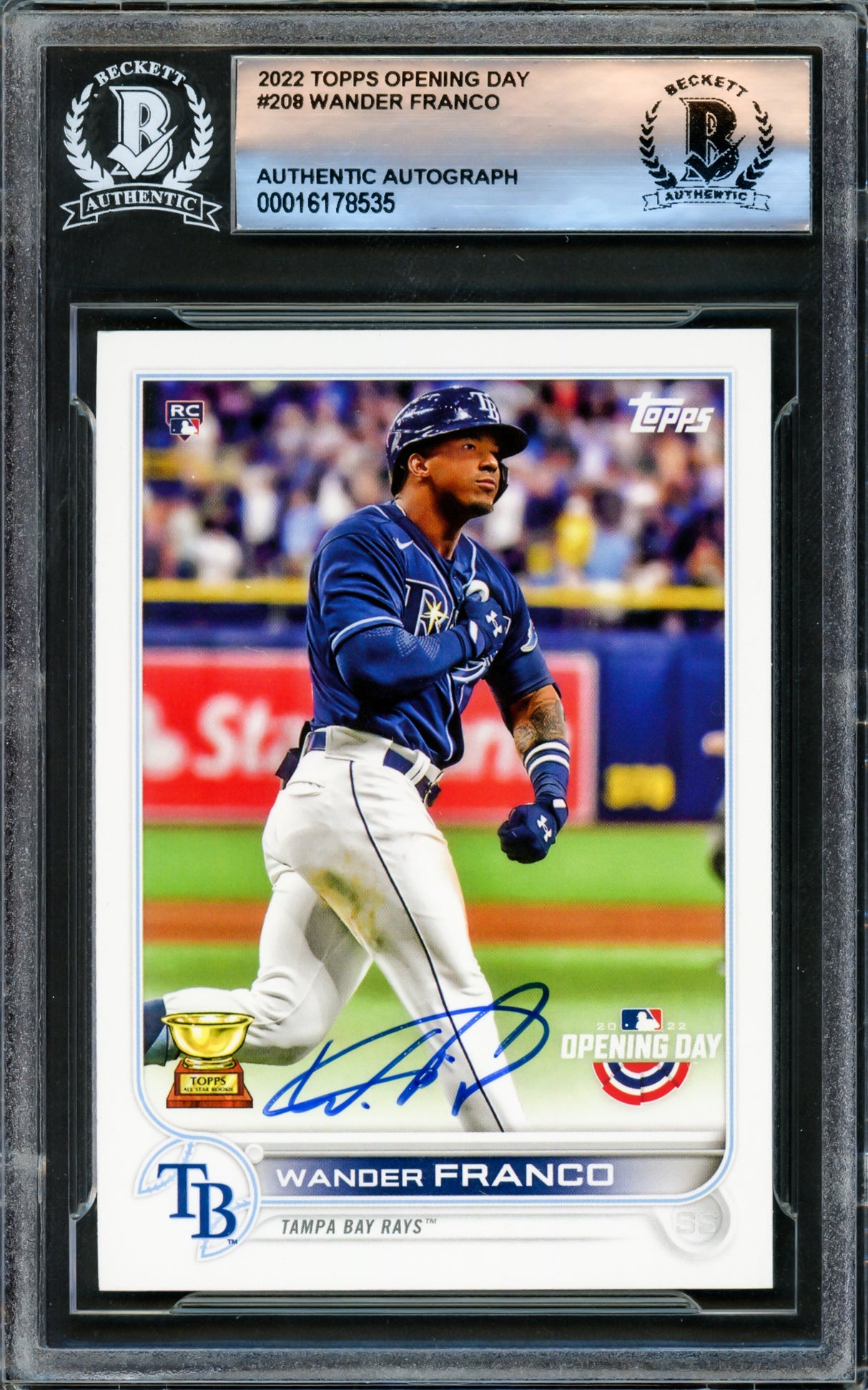 Wander Franco Autographed 2022 Topps Opening Day Rookie Card #208 Tampa Bay Rays Beckett BAS #16178535