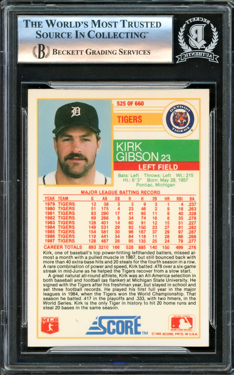 Kirk Gibson Autographed 1988 Score Card #525 Detroit Tigers Beckett BAS #16176104