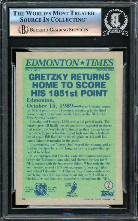 Wayne Gretzky Autographed 1990-91 Topps Card #2 Los Angeles Kings Beckett BAS #16176111