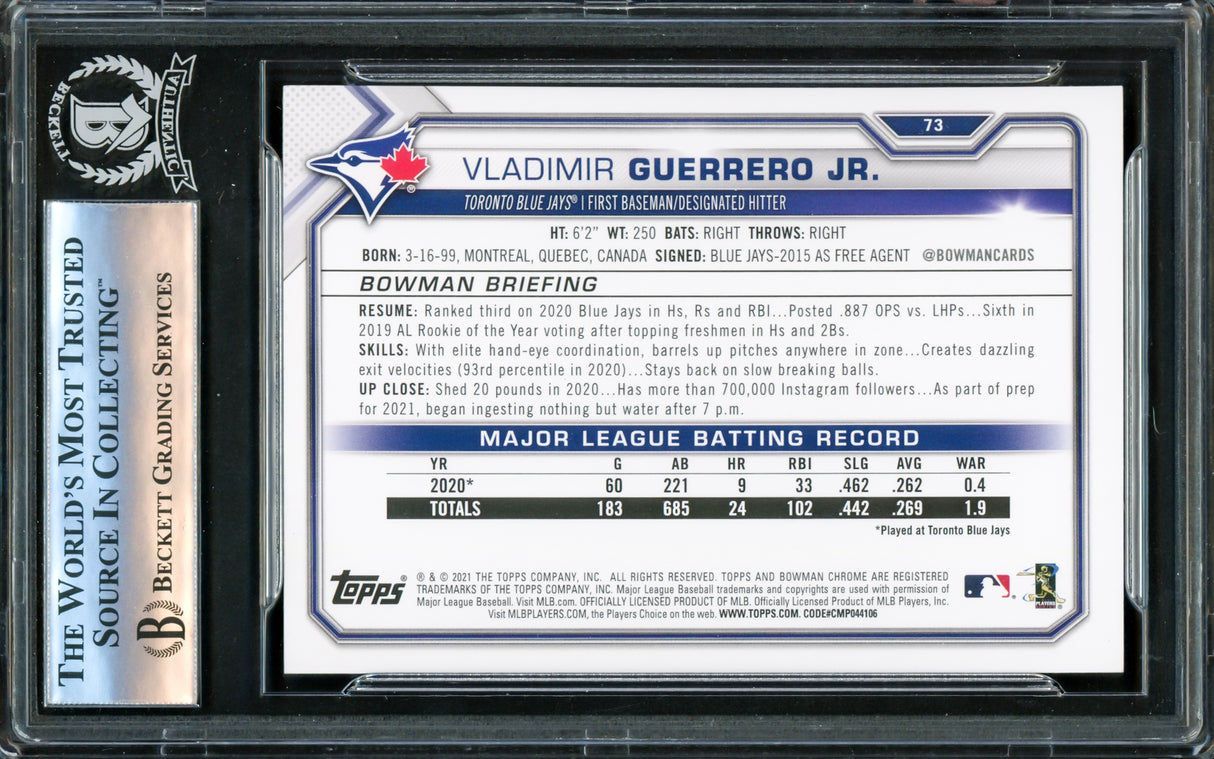 Vladimir Guerrero Jr. Autographed 2021 Bowman Card #73 Toronto Blue Jays Beckett BAS #16176127