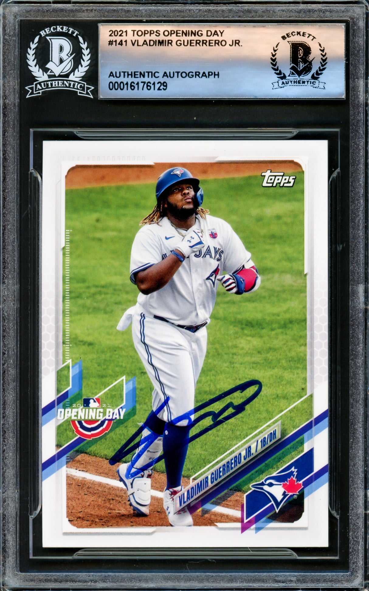 Vladimir Guerrero Jr. Autographed 2021 Topps Opening Day Card #141 Toronto Blue Jays Beckett BAS #16176129