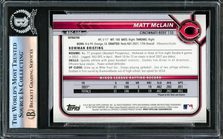 Matt McLain Autographed 2022 Bowman Draft Chrome Refractor Rookie Card #BDC100 Cincinnati Reds Beckett BAS #16176307