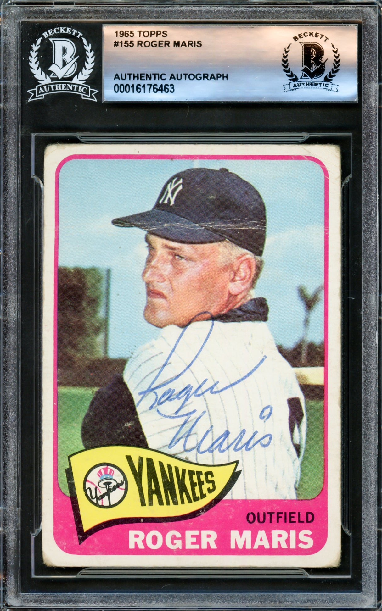 Roger Maris Autographed 1965 Topps Card #155 New York Yankees Beckett BAS #16176463