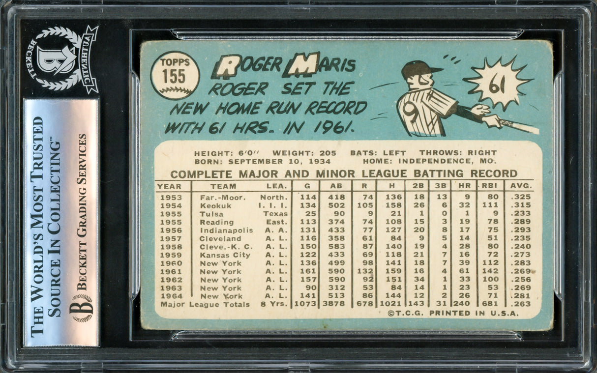 Roger Maris Autographed 1965 Topps Card #155 New York Yankees Beckett BAS #16176463