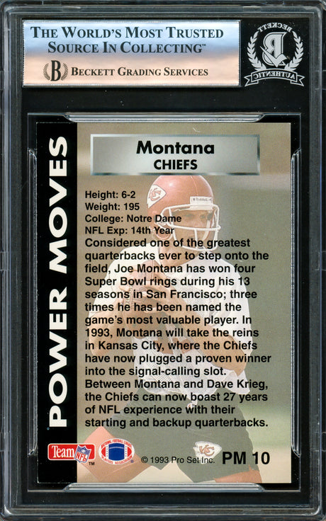 Joe Montana Autographed 1993 Pro Set Power Card #PM10 Kansas City Chiefs Beckett BAS #16176892