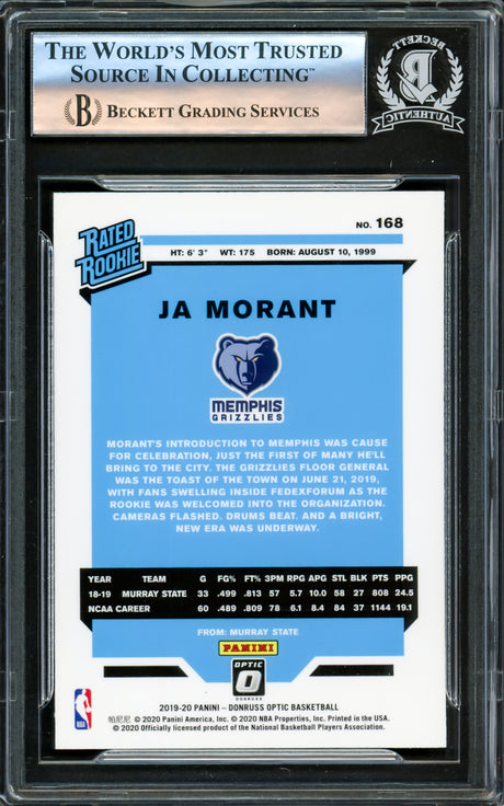 Ja Morant Autographed 2019-20 Donruss Optic Rookie Card #168 Memphis Grizzlies Beckett BAS #16176952