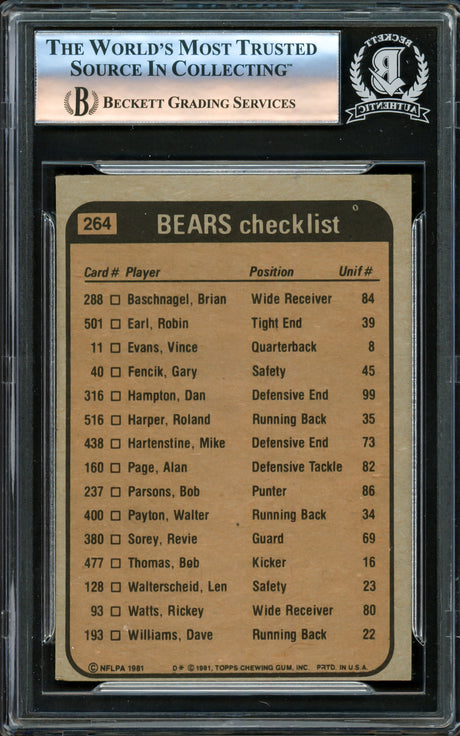 Walter Payton Autographed 1981 Topps Card #264 Chicago Bears Beckett BAS #16177167