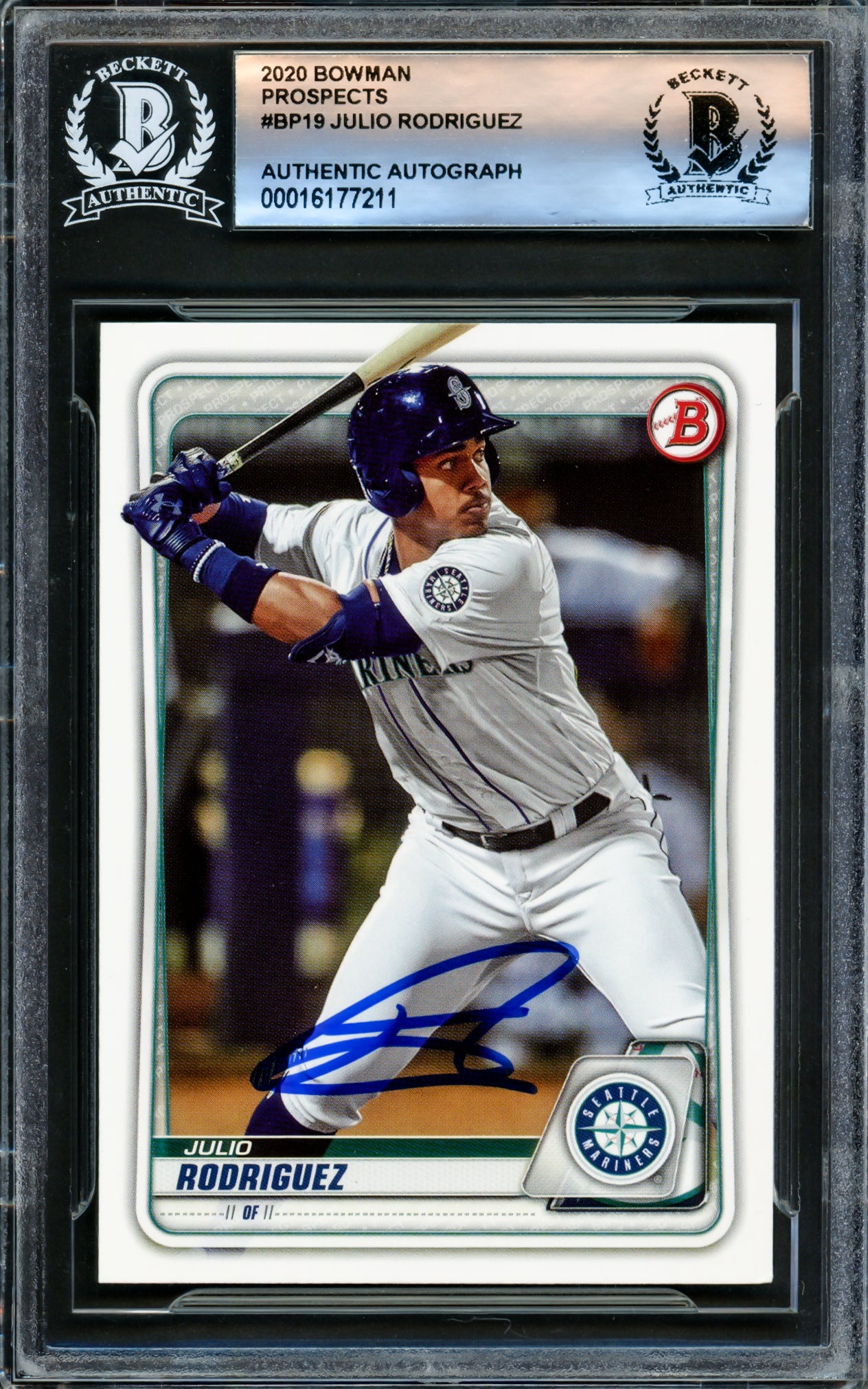 Julio Rodriguez Autographed 2020 Bowman Prospects Rookie Card #BP19 Seattle Mariners Beckett BAS #16177211