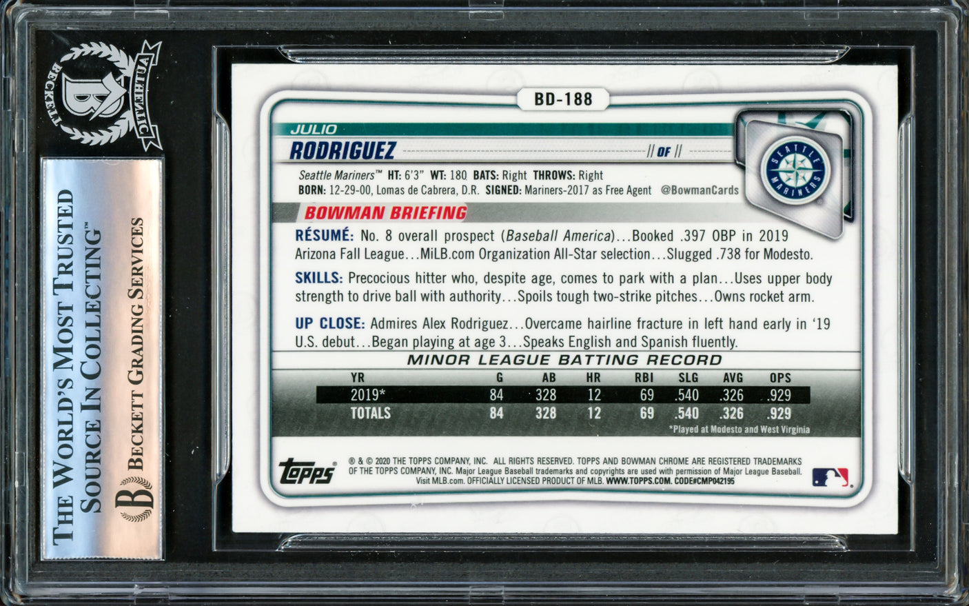 Julio Rodriguez Autographed 2020 Bowman Chrome Draft Rookie Card #BD188 Seattle Mariners Beckett BAS #16177347