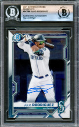 Julio Rodriguez Autographed 2021 Bowman Chrome Prospects Rookie Card #BCP86 Seattle Mariners Beckett BAS #16177387