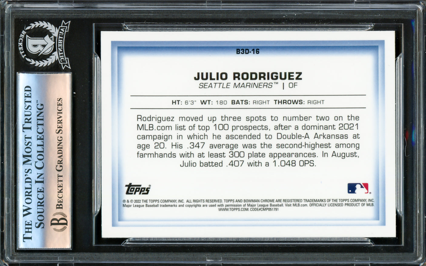Julio Rodriguez Autographed 2022 Bowman Chrome 3D Rookie Card #B3D-16 Seattle Mariners Beckett BAS #16177393