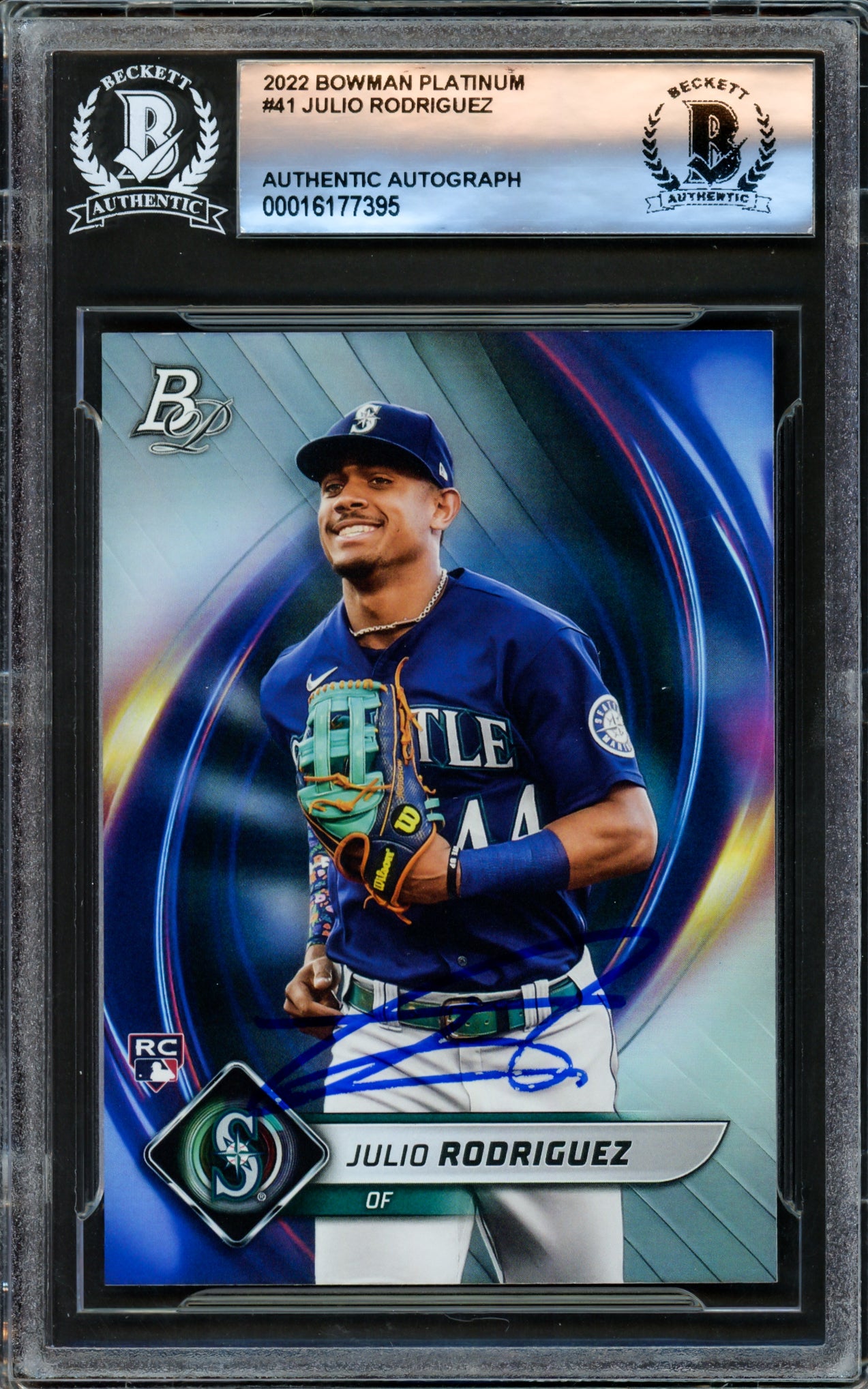 Julio Rodriguez Autographed 2022 Bowman Platinum Rookie Card #41 Seattle Mariners Beckett BAS #16177395