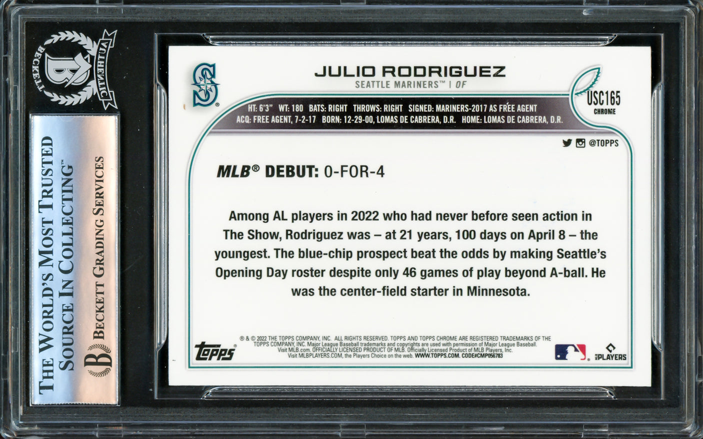 Julio Rodriguez Autographed 2022 Topps Update Chrome Rookie Card #USC165 Seattle Mariners Beckett BAS #16177600
