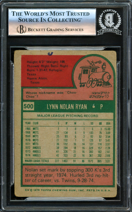 Nolan Ryan Autographed 1975 Topps Card #500 California Angels Beckett BAS #16177794
