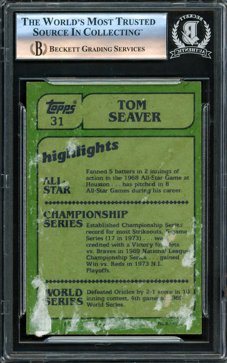 Tom Seaver Autographed 1982 Topps Card #31 Cincinnati Reds (Back Damage) Beckett BAS #16177804