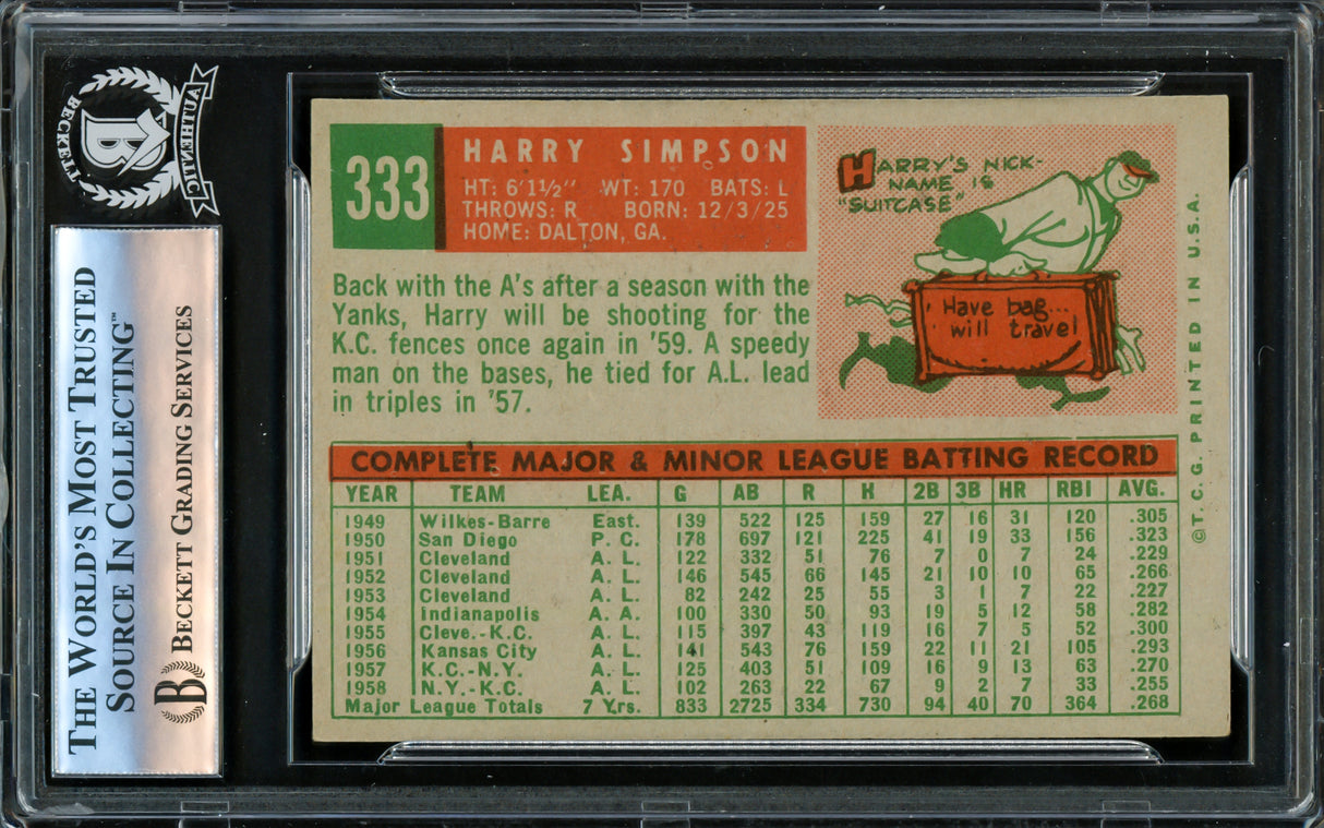 Harry Simpson Autographed 1959 Topps Card #333 Kansas City A's Beckett BAS #16177807