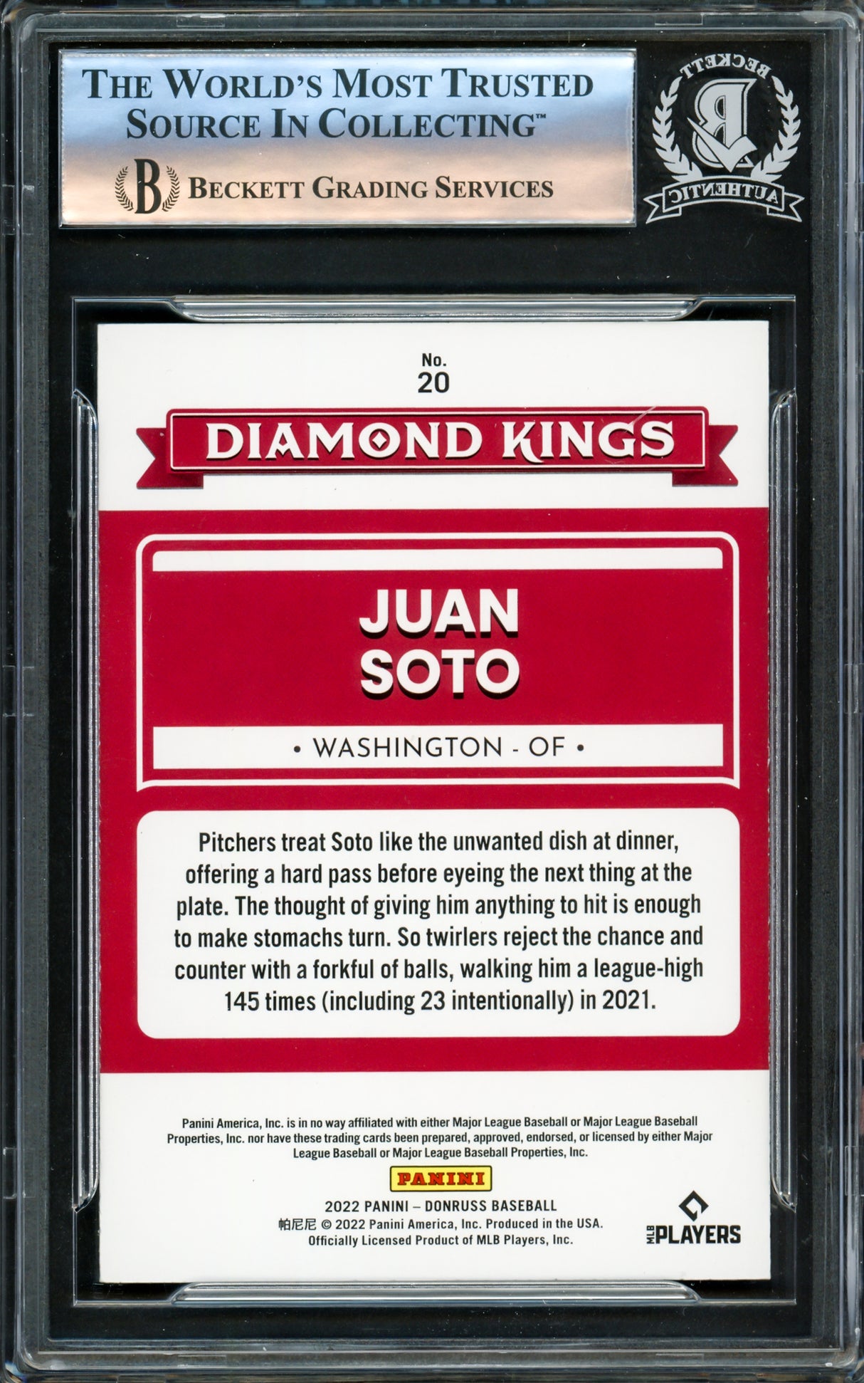 Juan Soto Autographed 2022 Donruss Diamond Kings Card #20 New York Mets Beckett BAS #16177845