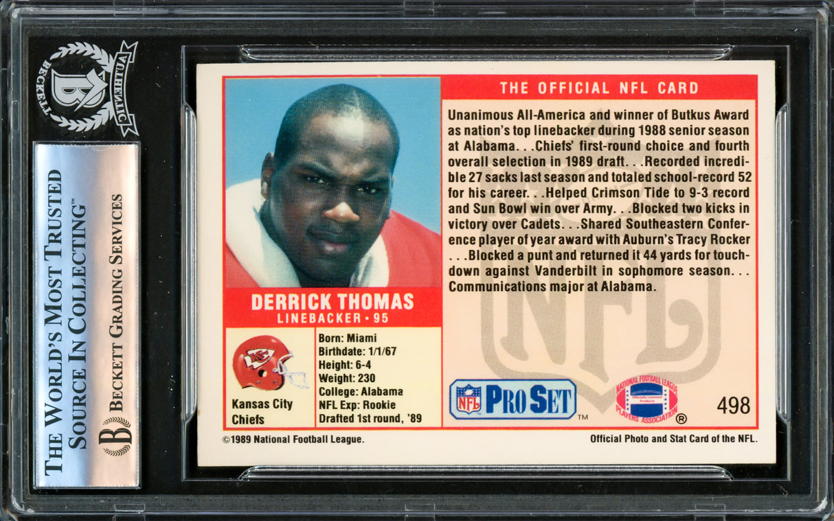 Derrick Thomas Autographed 1989 Pro Set Rookie Card #498 Kansas City Chiefs Beckett BAS #16178252