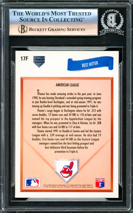 Jim Thome Autographed 1991 Upper Deck Rookie Card #17F Cleveland Indians Beckett BAS #16178255