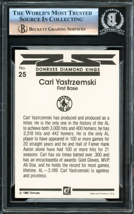 Carl Yastrzemski Autographed 1982 Donruss Diamond Kings Card #25 Boston Red Sox Beckett BAS #16178275