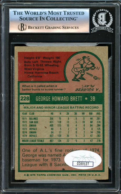 George Brett Autographed 1975 Topps Rookie Card #228 Kansas City Royals Beckett BAS #16340023