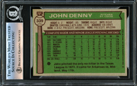 John Denny Autographed 1976 Topps Card #339 St. Louis Cardinals Beckett BAS #16340030