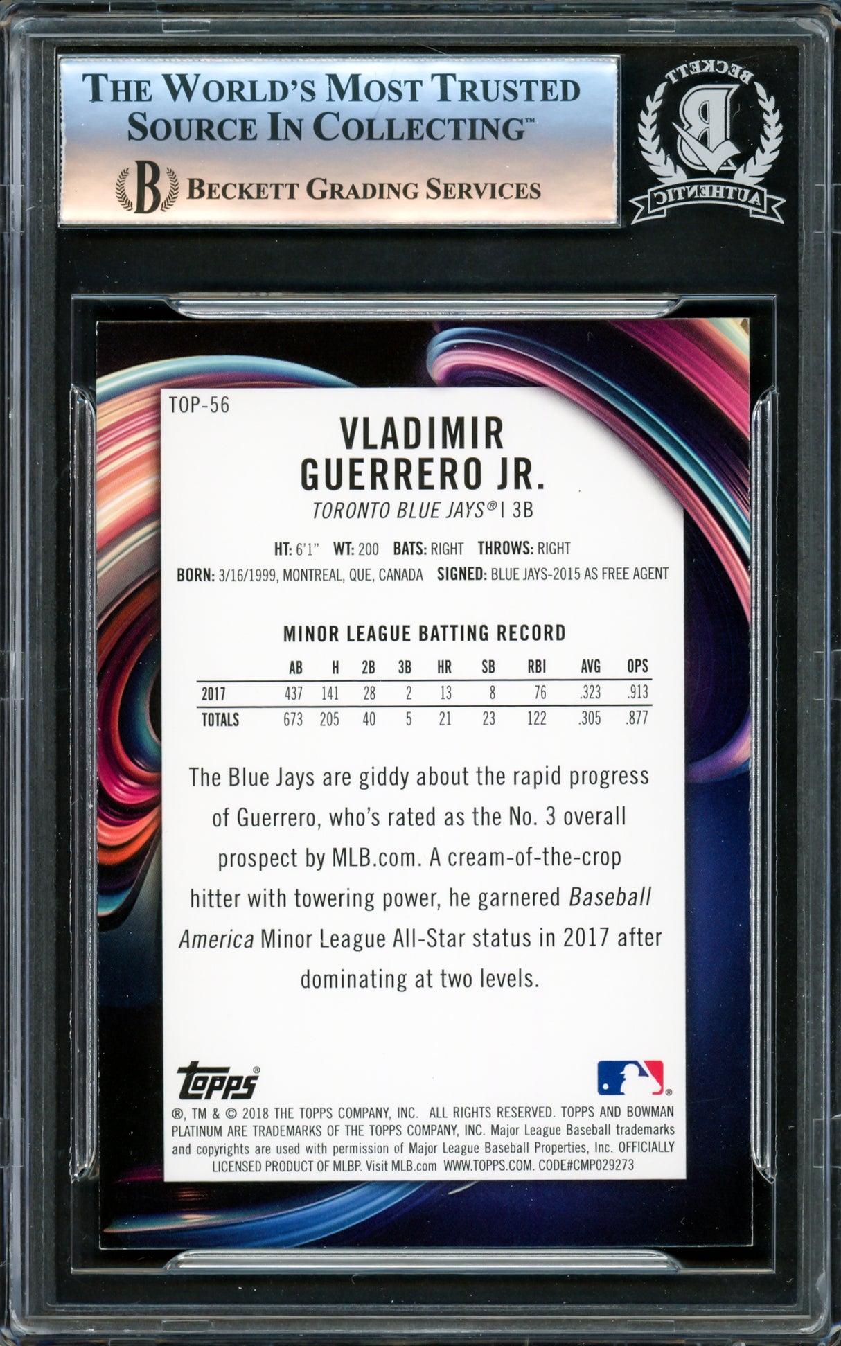 Vladimir Guerrero Jr. Autographed 2018 Bowman Platinum Rookie Card #TOP-56 Toronto Blue Jays Beckett BAS #16340134