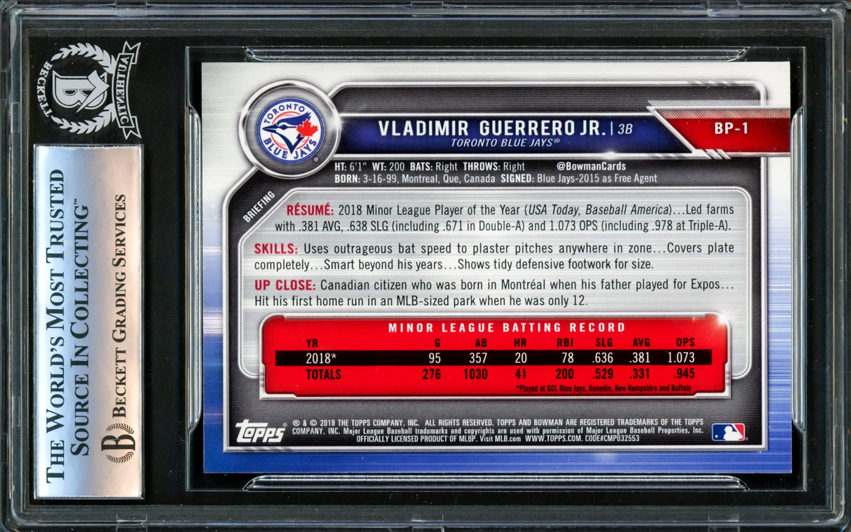 Vladimir Guerrero Jr. Autographed 2019 Bowman Prospects Card #BP1 Toronto Blue Jays Beckett BAS #16340137