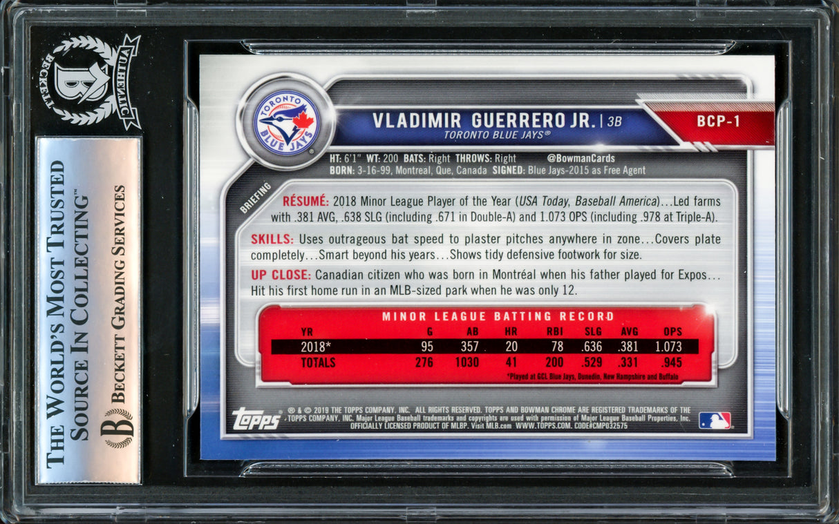 Vladimir Guerrero Jr. Autographed 2019 Bowman Chrome Card #BCP1 Toronto Blue Jays Beckett BAS #16340139
