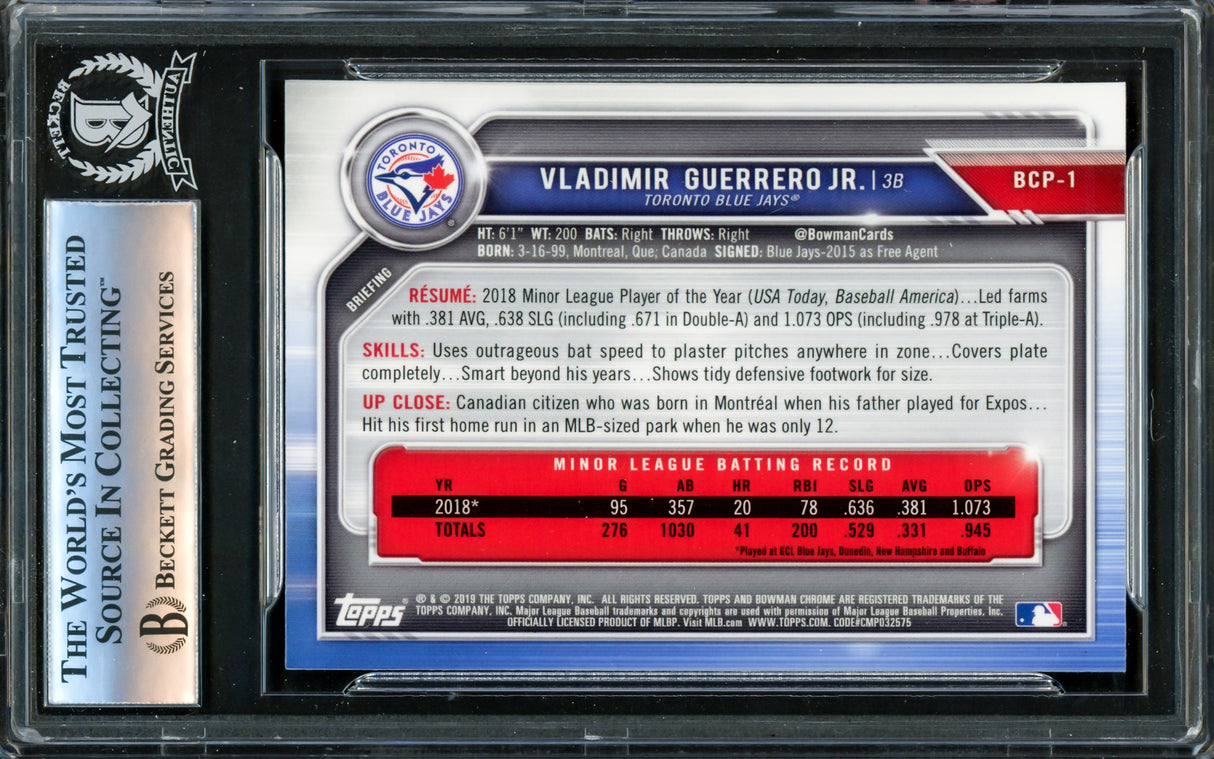 Vladimir Guerrero Jr. Autographed 2019 Bowman Chrome Card #BCP1 Toronto Blue Jays Beckett BAS #16340138