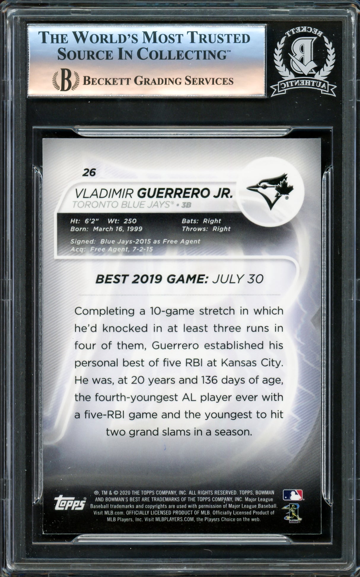 Vladimir Guerrero Jr. Autographed 2020 Bowman's Best Card #26 Toronto Blue Jays Beckett BAS #16340146
