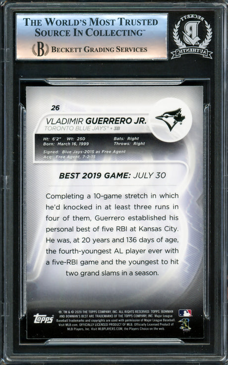 Vladimir Guerrero Jr. Autographed 2020 Bowman's Best Card #26 Toronto Blue Jays Beckett BAS #16340147
