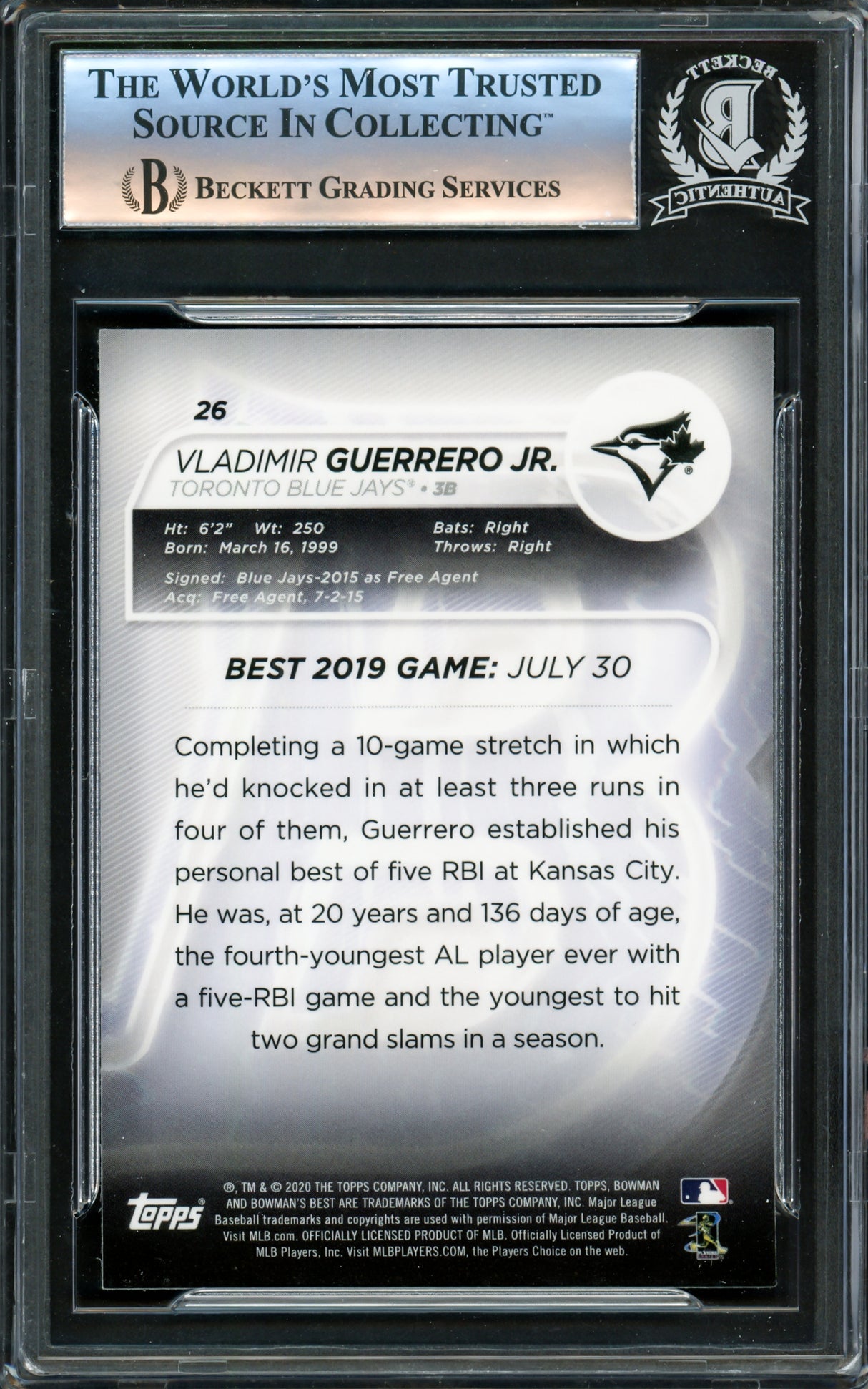 Vladimir Guerrero Jr. Autographed 2020 Bowman's Best Card #26 Toronto Blue Jays Beckett BAS #16340147